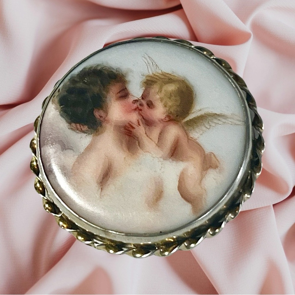 Vintage Hand Painted Porcelain Brooch Mother & Angelic Child 1.5”.